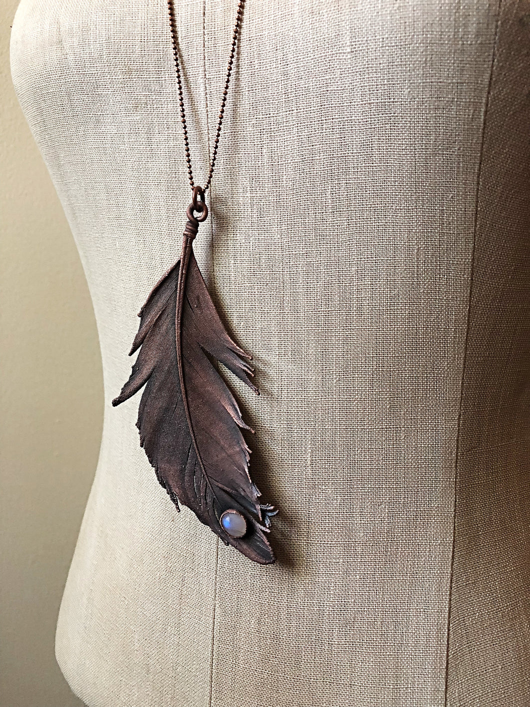 Electroformed Feather and Rainbow Moonstone Necklace #2 - Ready to Ship (Flower Moon Collection)