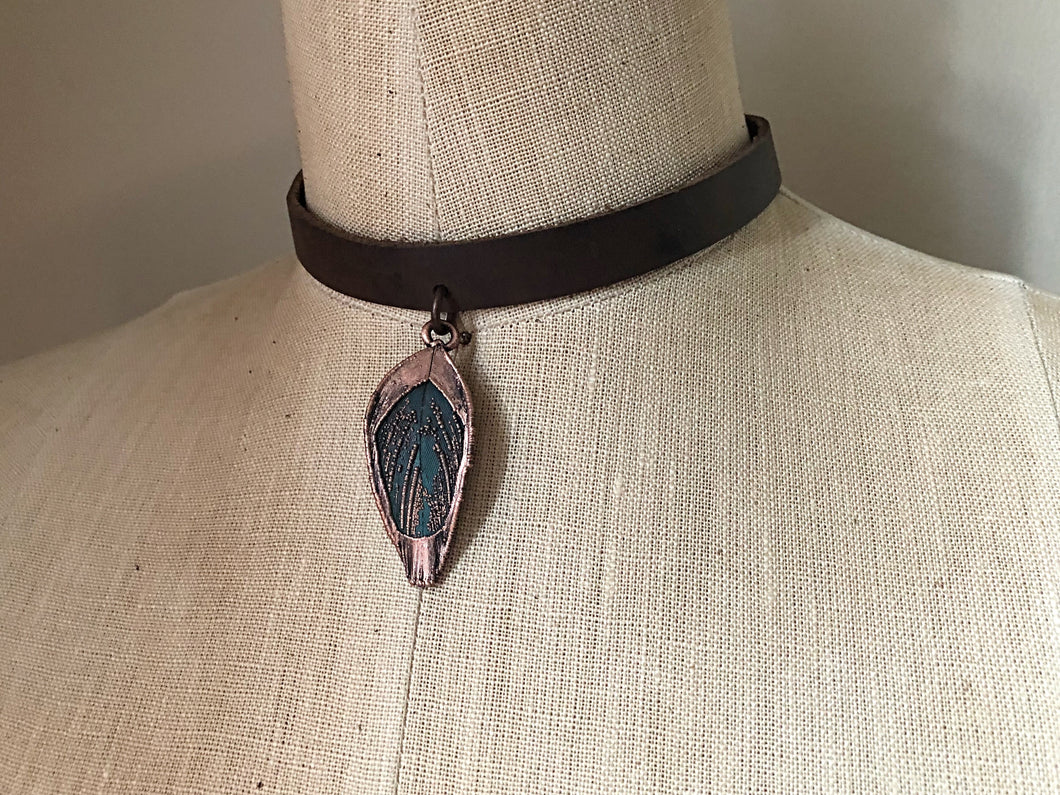 Electroformed Macaw Feather Leather Choker