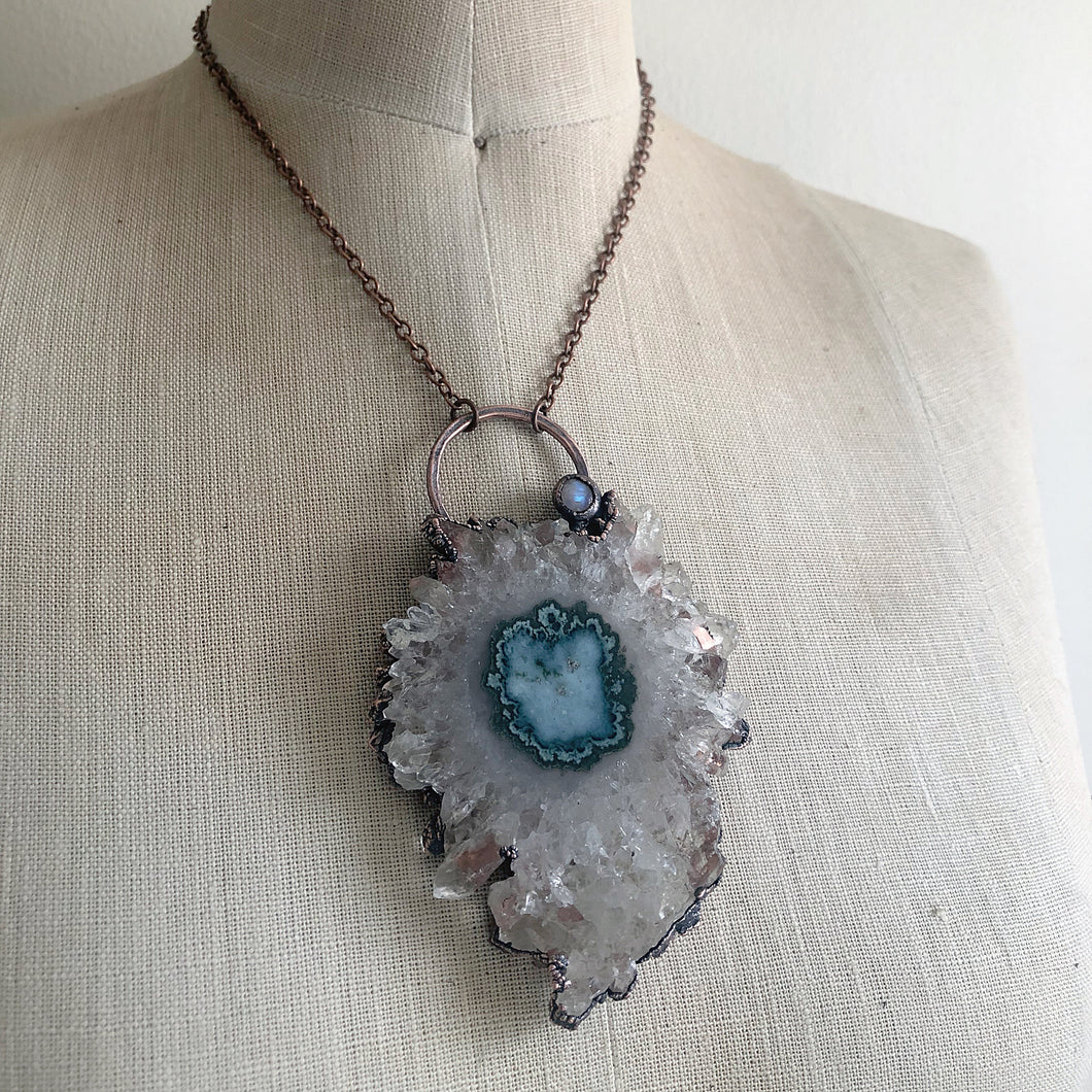 Stalactite Slice Necklace #2 with Rainbow Moonstone - Ready to Ship