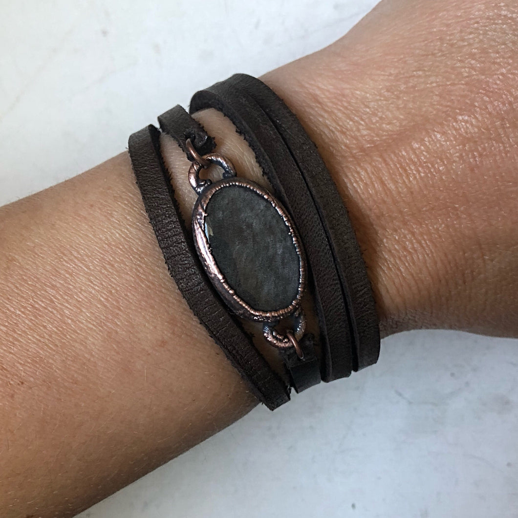 Silver Obsidian and Leather Wrap Bracelet/Choker #2 (Ready to Ship) - Darkness Calling Collection
