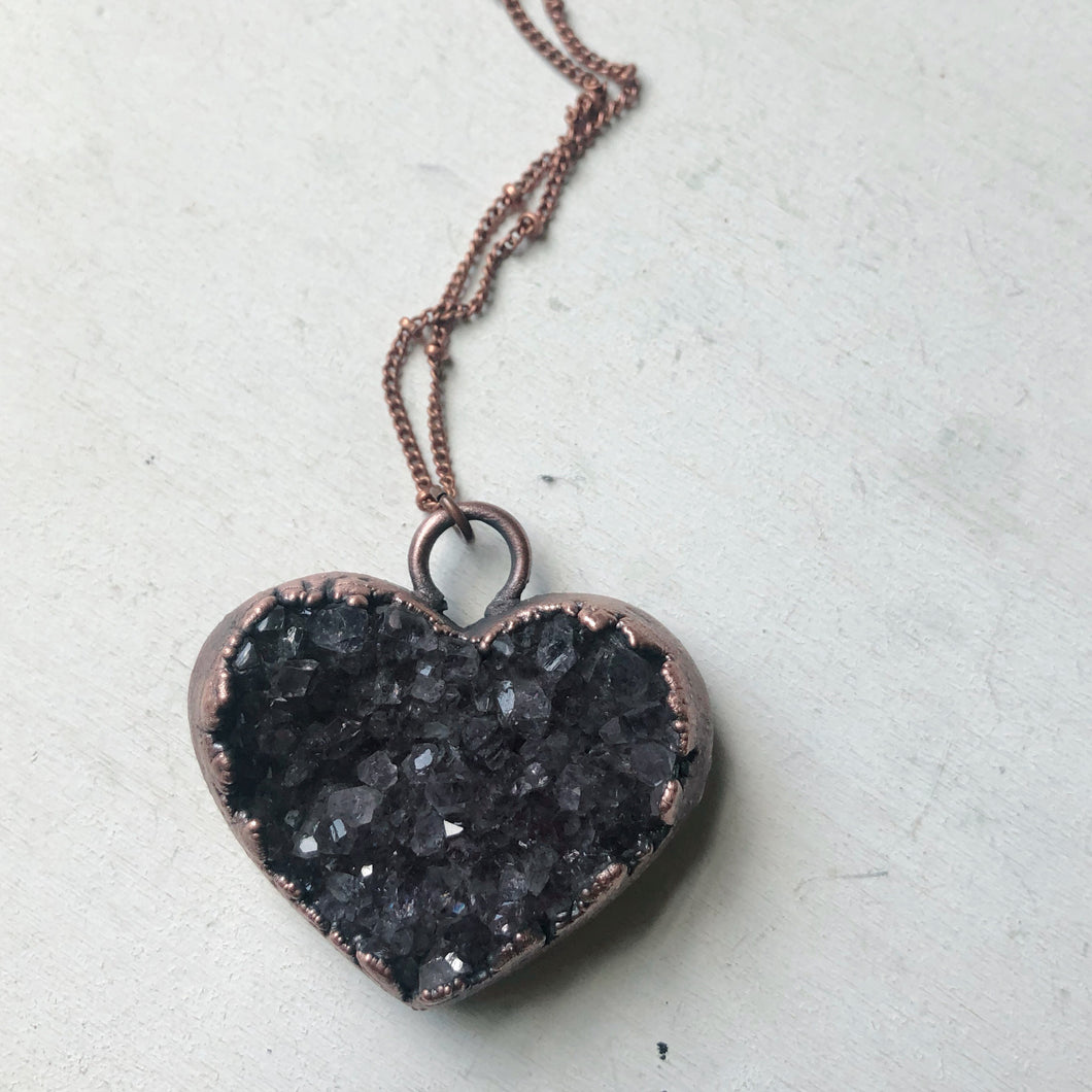 Dark Amethyst Druzy Heart Necklace #4 - Ready to Ship