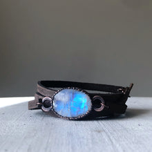 Load image into Gallery viewer, Rainbow Moonstone &amp; Leather Wrap Bracelet/Choker - Ready to Ship
