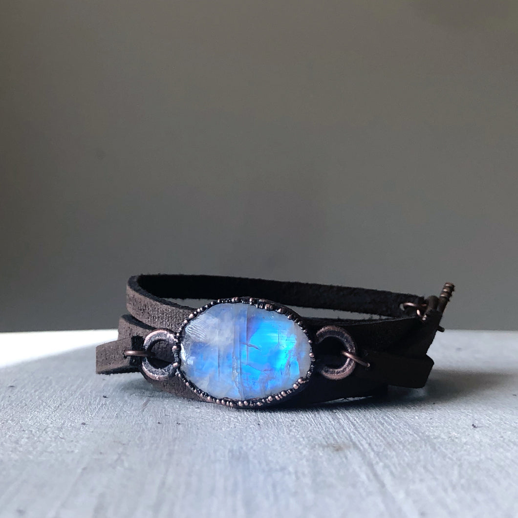 Rainbow Moonstone & Leather Wrap Bracelet/Choker - Ready to Ship