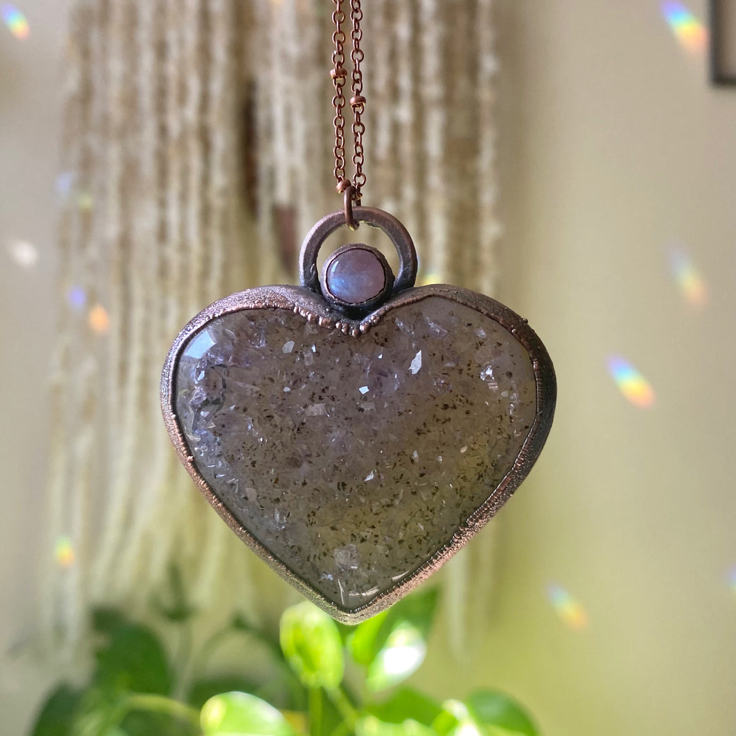 Amethyst Druzy “Broken Open” Heart Necklace with Rainbow Moonstone #2 - Ready to Ship