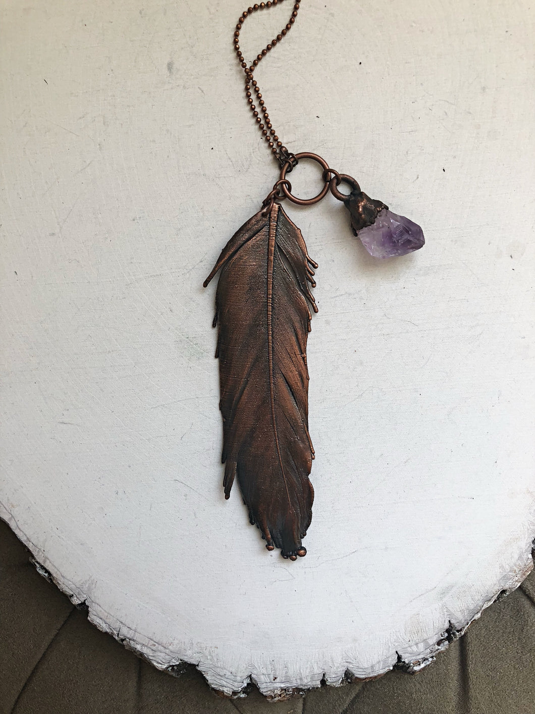Electroformed Feather Necklace with Raw Amethyst Point - Ready to Ship (5/17 Update)