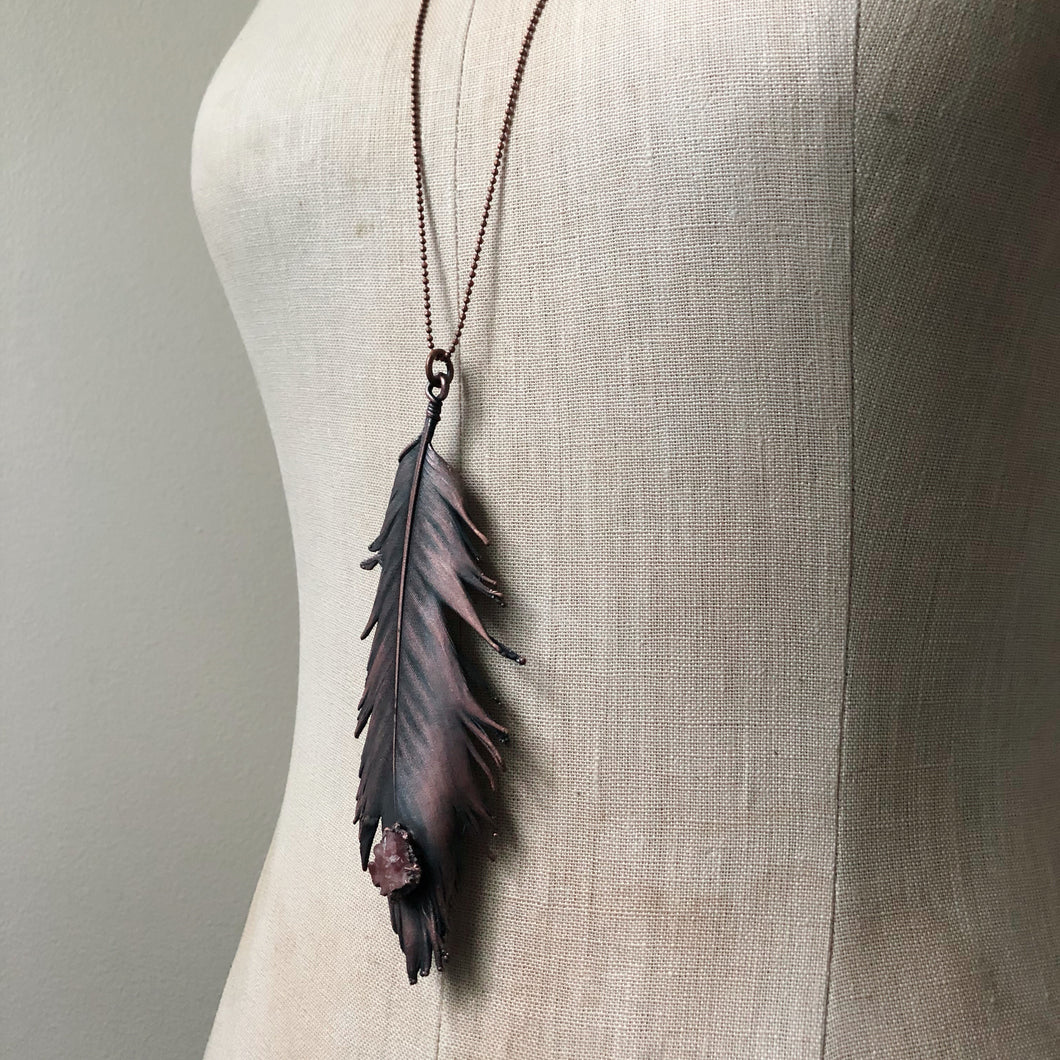 Electroformed Wild Feather Necklace with Pink Amethyst Cluster