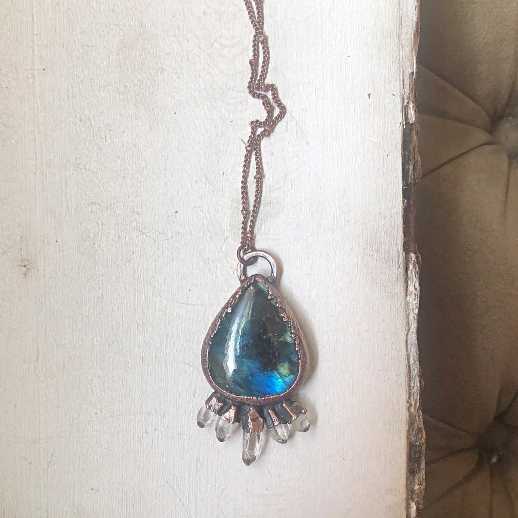 Blue Labradorite Teardrop & Five Crystal Necklace - Ready to Ship