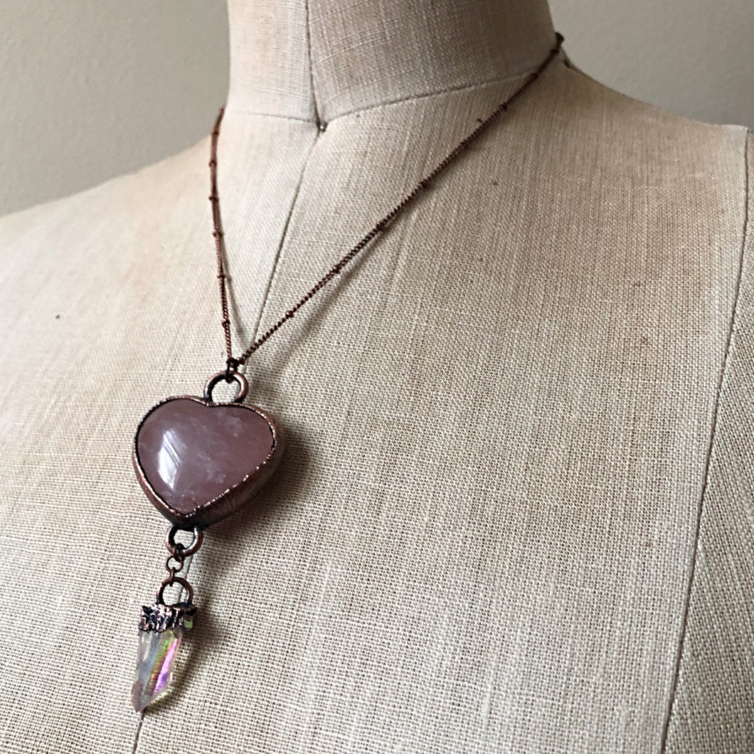 Rose Quartz Heart with Angel Aura Point Necklace - Ready to Ship