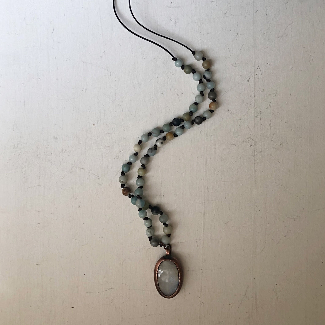 Rainbow Moonstone with Amazonite & Leather Necklace - Ready to Ship