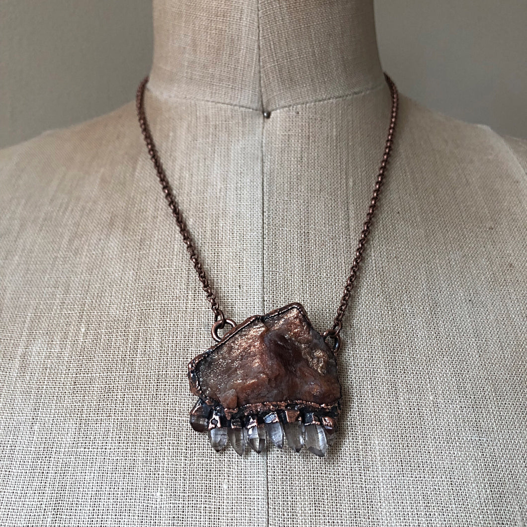 Raw Sunstone & Small Clear Quartz Point Statement Necklace - Summer Solstice Collection 2019