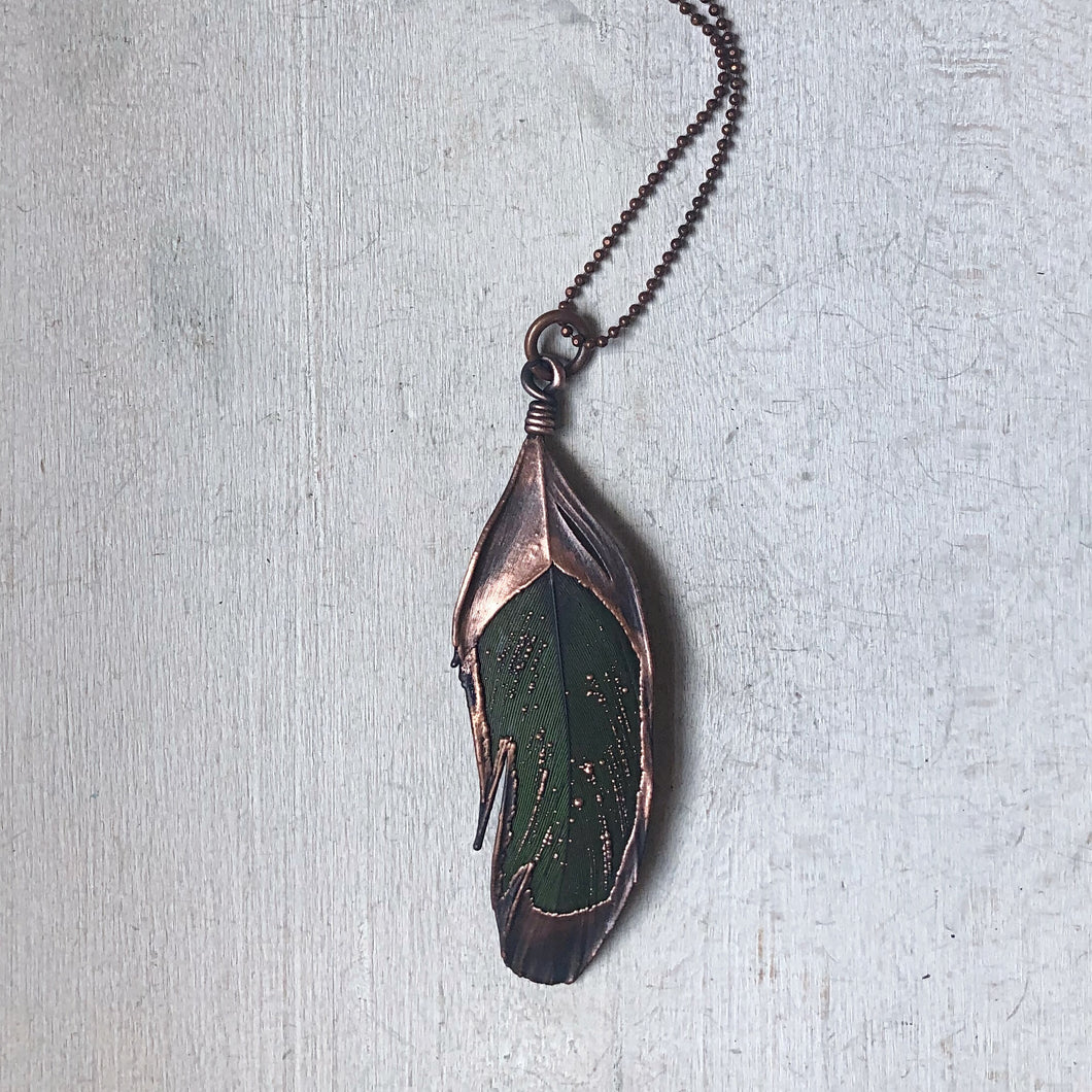 Electroformed Green Macaw Feather Necklace #4- Ready to Ship
