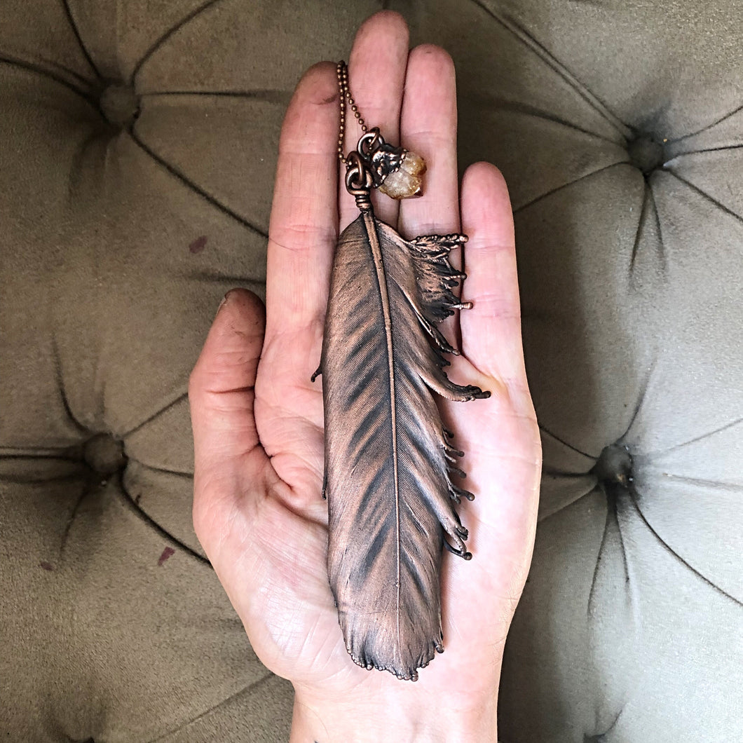 Large Electroformed Feather Necklace with Raw Citrine - Summer Solstice Collection 2019