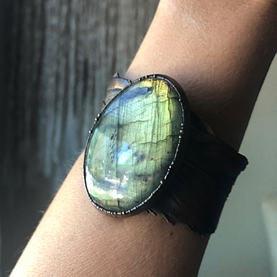 Labradorite and Electroformed Feather Cuff Bracelet - Ready to Ship