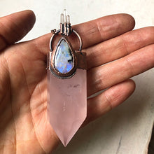 Load image into Gallery viewer, Large Rose Quartz Point Neckalce with Rainbow Moonstone &amp; Raw Clear Quartz - Ready to Ship
