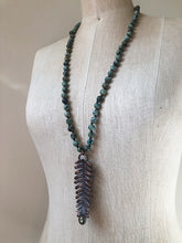 Load image into Gallery viewer, Electroformed Fern with Labradorite on African Turquoise &amp; Leather Hand Knotted Necklace
