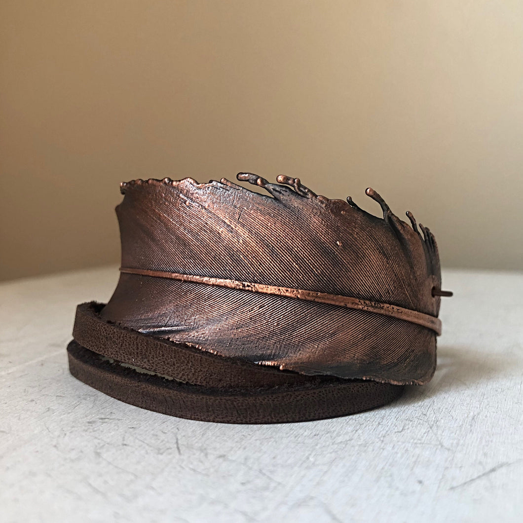 Electroformed Feather and Leather Wrap Bracelet #1 - Ready to Ship