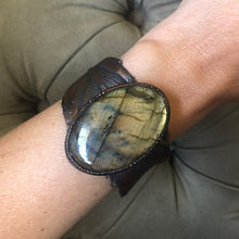 Load image into Gallery viewer, Labradorite and Electroformed Feather Cuff Bracelet - Ready to Ship

